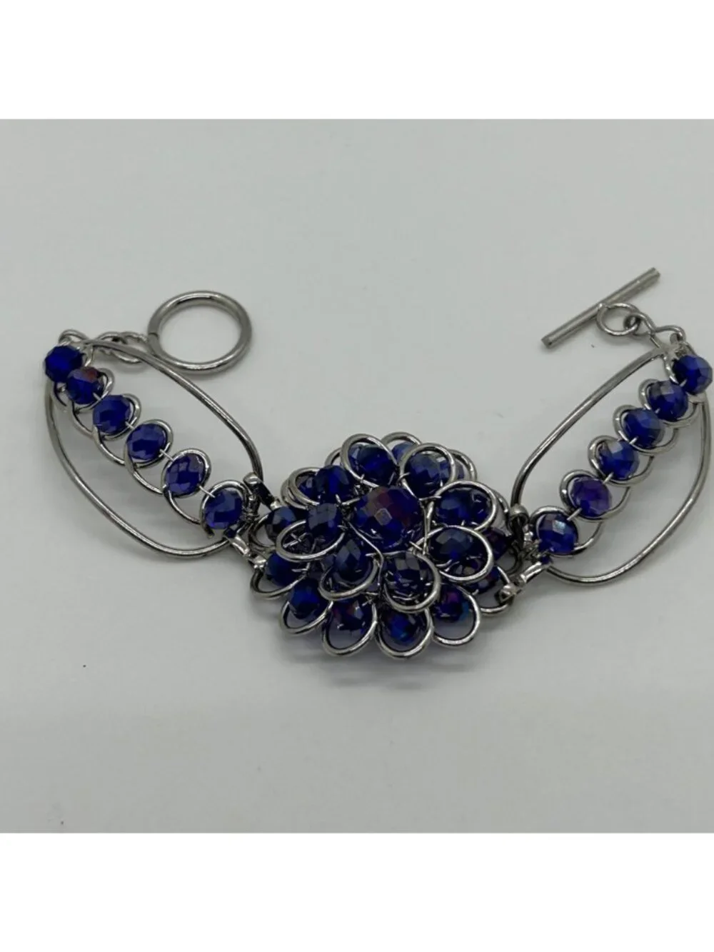 Handcrafted Silver-Tone Blue Rhinestone Crystal Floral Rosette Toggle Clasp Stat